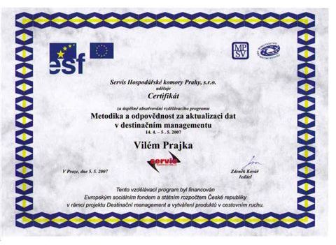 Certifikát - Metodika a odpovědnost za aktualizaci dat v destinačním managementu