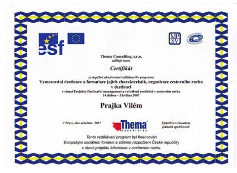 Certifikát - Místní, národní a mezinárodní marketing destinace