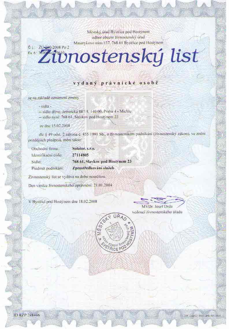 Živnostenský list - Zprostředkování služeb